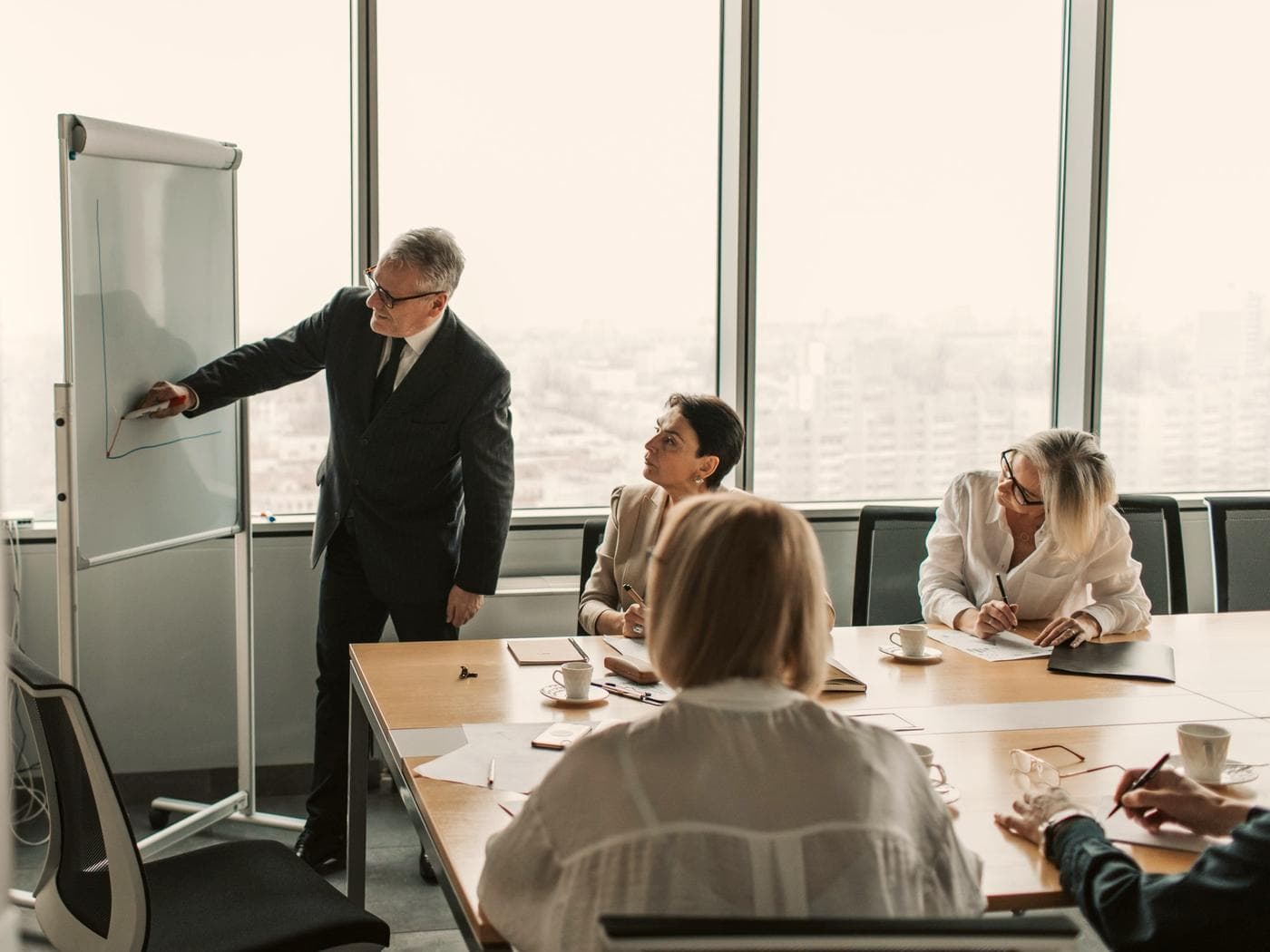 Toplantı odasında flipchart üzerinde anlatım yapan kıdemli eğitmen ve katılımcılar